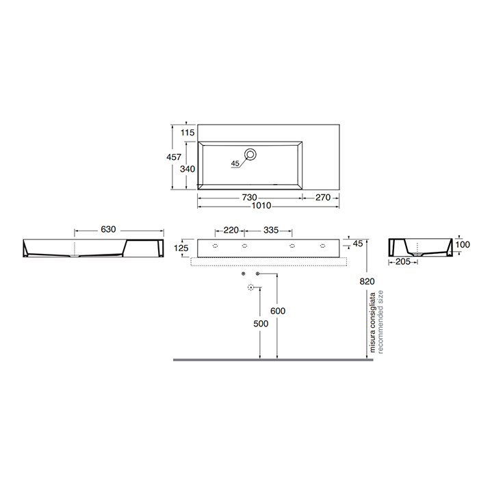 Azzurra Elegance Squared Раковина подвесная/накладная, 102x46xH12,5 см, правая, без отв., цвет: Bianco lucido