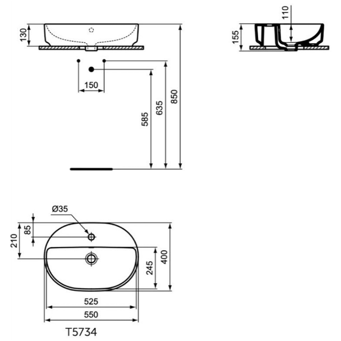 Ideal Standard i.life Раковина 55х40х13см., накладная, 1 отв., с переливом, без крепежа, цвет: белый глянцевый
