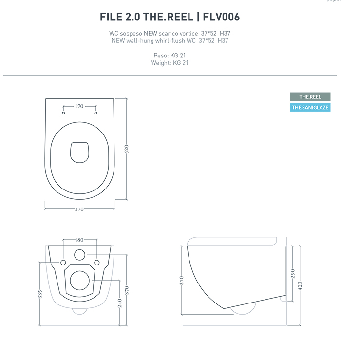 Artceram File 2.0 Унитаз подвесной 36х52см, безободковый, турбо смыв the.reel, saniglaze, цвет: белый матовый