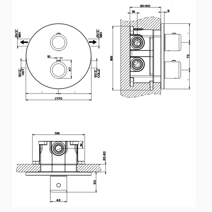 Gessi Goccia Встраиваемый термостатический смеситель, подключение на 3/4”, с переключателем на 2 выхода, внешняя часть, цвет: хром