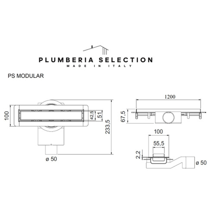 Plumberia Selection Трап душевой PS MODULAR 4x120 2устор. накладка из нерж.стали, комбинир.затвор с горизонт. Выпуском Ду 50мм,40л/мин, цвет: черный матовый
