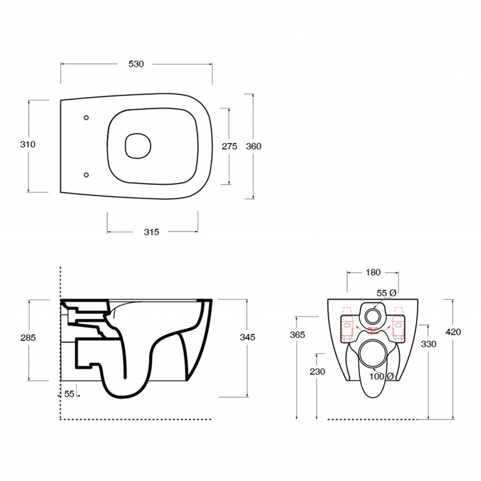 Alice Wunder Унитаз 53х31см., подвесной, безободковый, смыв aliflush+, под крепления Fischer WB-KliX, без сиденья и крышки, биколор, цвет: белый матовый/глянце
