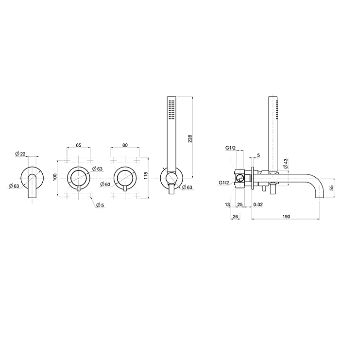 QuadroDesign Source Смеситель для ванны, встраиваемый,  на 2 потребителя, с изливом и ручным душем, цвет: Brushed Stainless Steel
