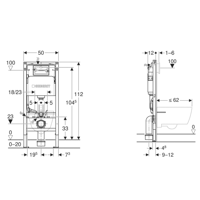 Geberit Duofix Инсталляция для подвесного унитаза 112см., со смыв. бачком Delta 12 см., с креплением и клавишей Delta50