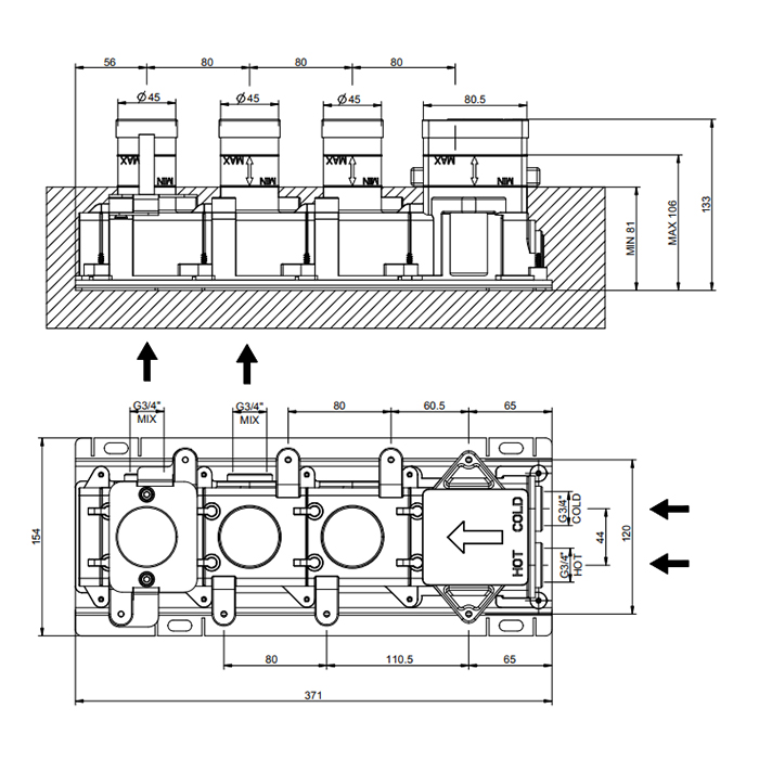 Gessi Hi-Fi Встраиваемые части для термостатического смесителя, до 2 источников одновременно, 3/4" соединение., цвет: хром