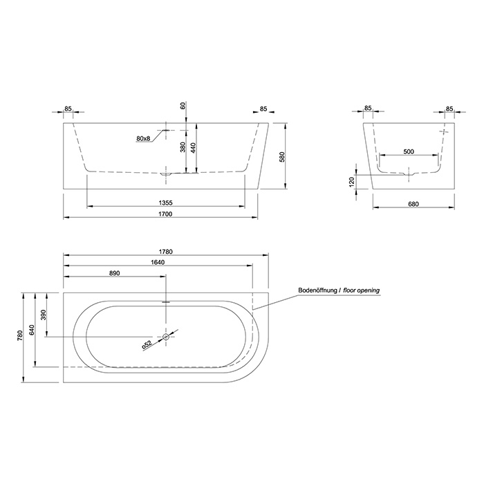 KNIEF Wall Corner R Ванна в левый угол 180х80х60см., с компл. крепл.к стене, без сл-перелива, цвет: белый