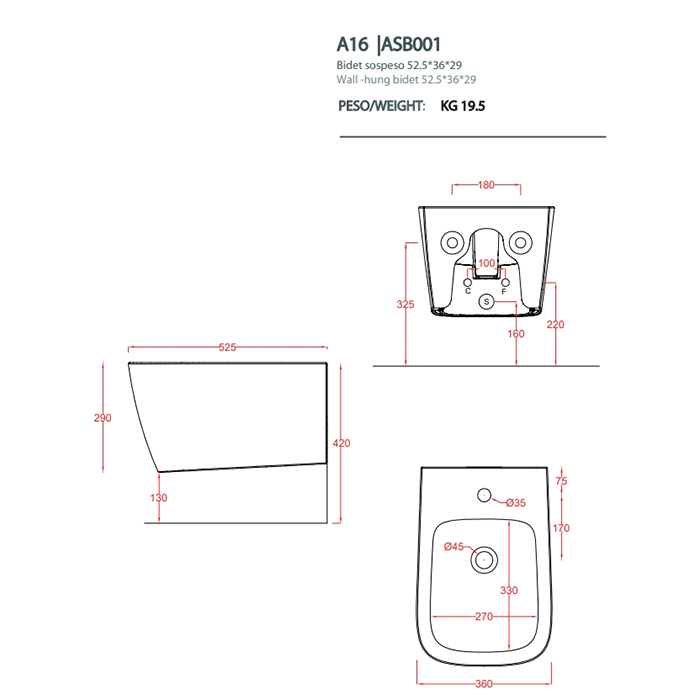 Artceram A16 Биде подвесное 36х52 см, 1 отв., цвет: blu avio