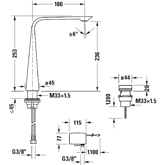 Duravit D.1 Смеситель для раковины на 2 отв. высокий h=253мм, электронный, цвет: хром