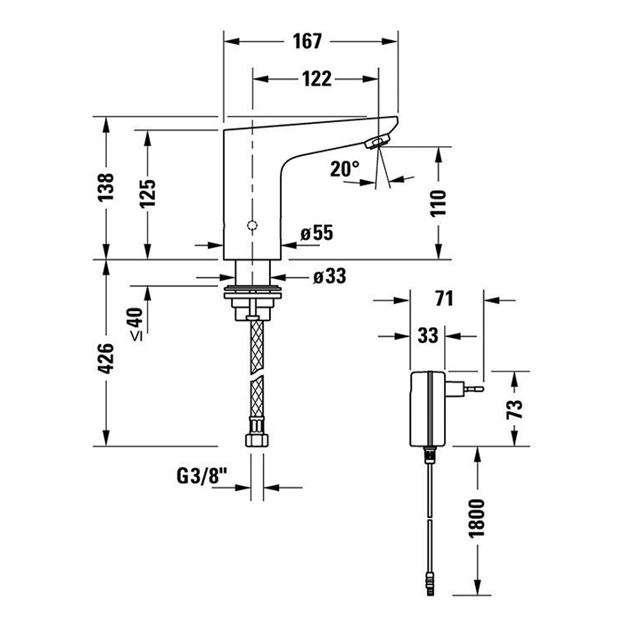 Duravit Sensor 1 Электронный смеситель для раковины, на 1 отв., с блоком питания, цвет: хром