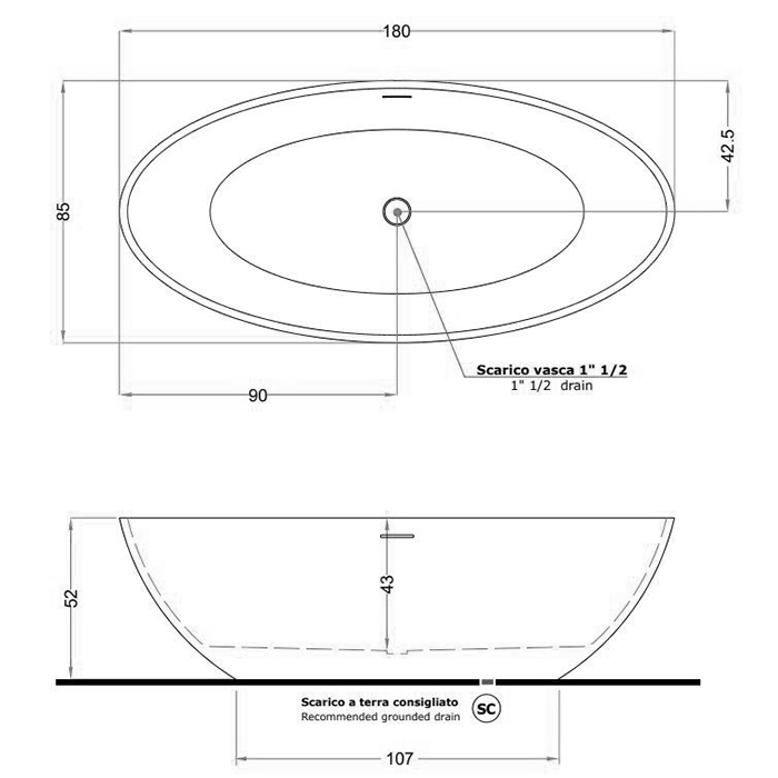 Gruppo Treesse Carezza Ванна 170х80х52см., отдельностоящая, Solid Surface, с сливом-переливом и сифоном, цвет: белый матовый