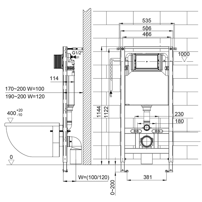TECEspring Модуль 112см., для установки унитаза, c креплением к стене