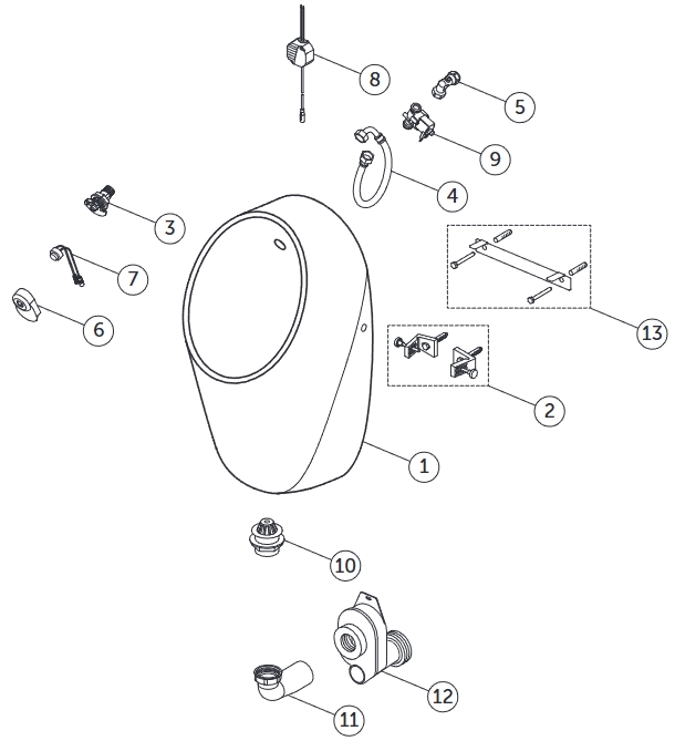 Ideal Standard i.life Писсуар подвесной 64х31х30см., Rimless сенсорный, крепеж, сифон, датчик 12в, цвет: белый глянец