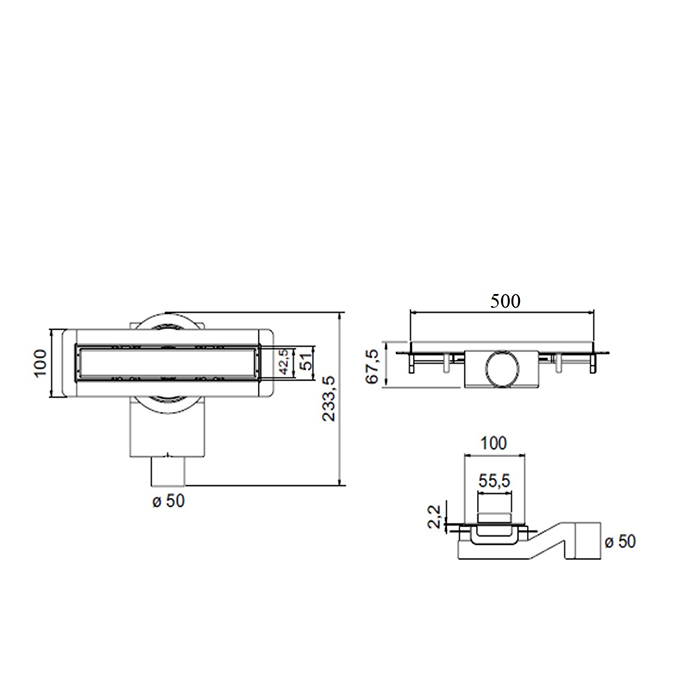 Plumberia Selection Трап душевой PS MODULAR 4x50 2устор. накладка из нерж.стали, комбинир.затвор с горизонт. Выпуском Ду 50мм,40л/мин, цвет: нержавеющая сталь