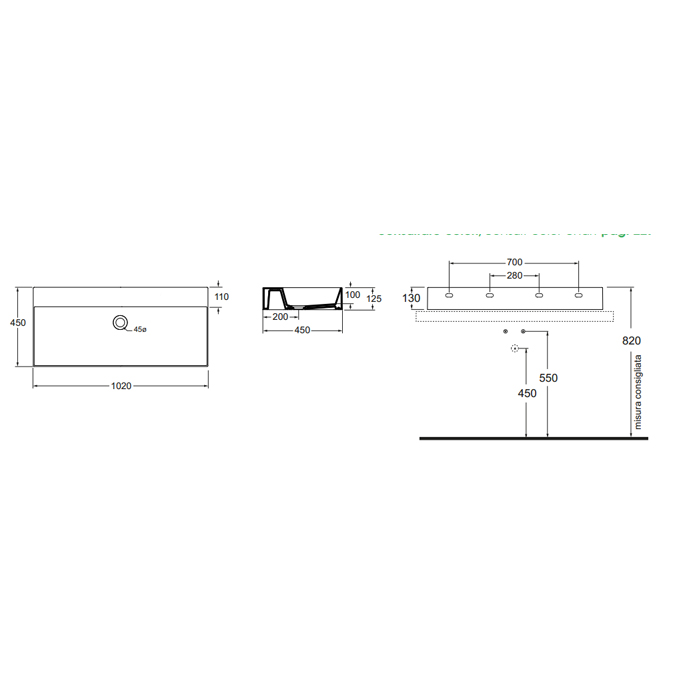 Azzurra Elegance Squared Раковина подвесная/накладная, 102x45xH12,5 см, без отв., цвет: Bianco lucido