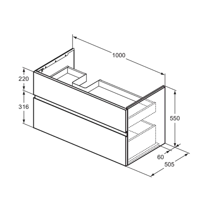 Ideal Standard Finesse Тумба с раковиной 100x50см, подвесная, SX, 2 ящика, 1 отв., цвет: пепельно-голубой матовый