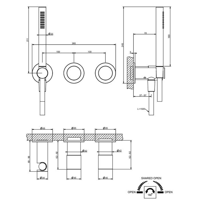 Gessi Habito Unito Смеситель настенный встраиваемый, однорычажный, с переключателем на 2 положения, с ручным душем, настенным держателем, цвет: хром