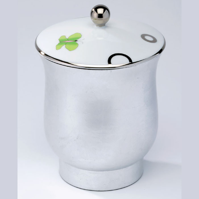 THG CAPUCINE VERT DECOR PLATINE Китайская лакированная коробка с белой керамической крышкой Ø126 мм., middle size, декор платина/зеленый, цвет: белый