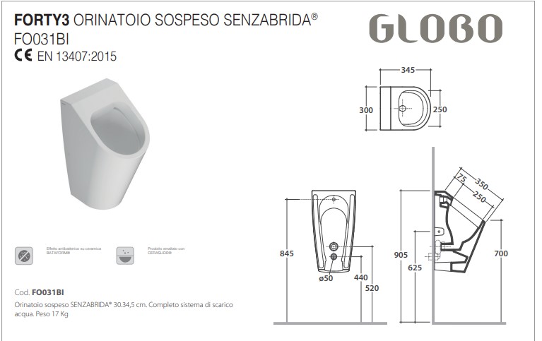 Globo Forty3 Писсуар 30х35х56см., подвесной, безободковый, цвет: Nero opaco