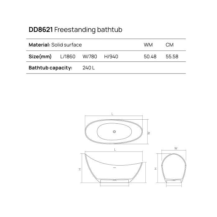 Dea Design Elegant Ванна 186x78x94см., отдельностоящая, Solid Surface, цвет: White №18