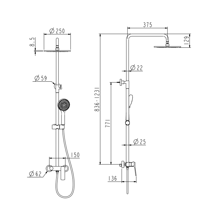 NEMO Prima Душевая стойка с верхним душем 25см., смесителем, ручным душем, держателем для душа и шлангом 150см., цвет: брашированное золото