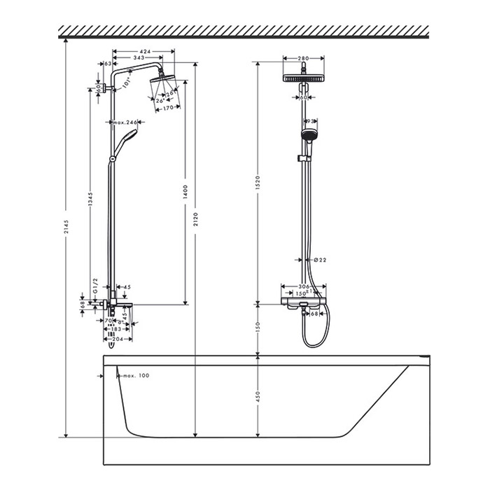 Hansgrohe Croma E 280 1jet Душевая система Showerpipe с термостатом для ванны, хром