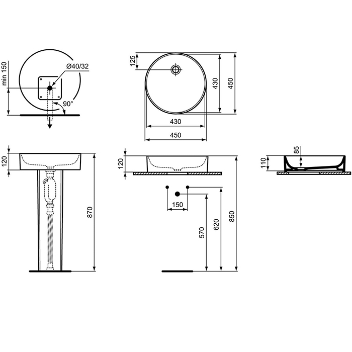 Ideal Standard Conca Раковина накладная d45хh12см, круглая, без отв., с крепежом, цвет: белый матовый