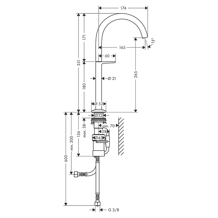 Axor One Смеситель для раковины Sel 260, на 1 отв., высокий, с донным клапаном Push-Open, цвет: сталь
