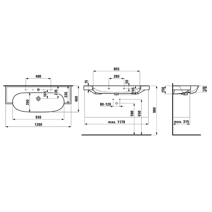 Laufen New Classic Раковина 120х48х16.5 см, без отв., накладная, с переливом, цвет: белый