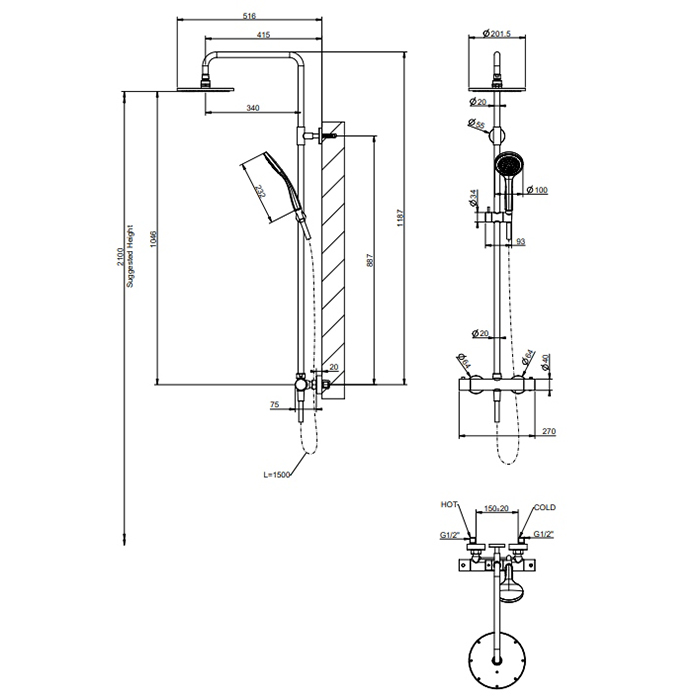 Gessi Emporio shower Душевая система, с верхним душем, термостатическим смесителем, штанга, шланг, ручно душ, цвет: Finox Brushed Nickel