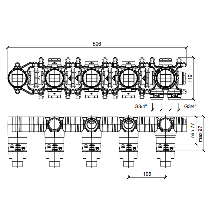 Almar Modular Встраиваемая часть термостатического смесителя с переключателем на 3 положения, горизонтальный модуль, цвет: черный матовый