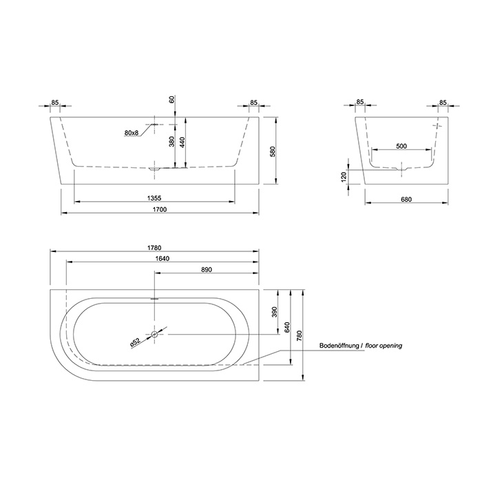KNIEF Wall Corner L Ванна пристенная 180х80х60см., с круглым переливом, с комплектом крепл.к стене, без сл-перелива, цвет: белый