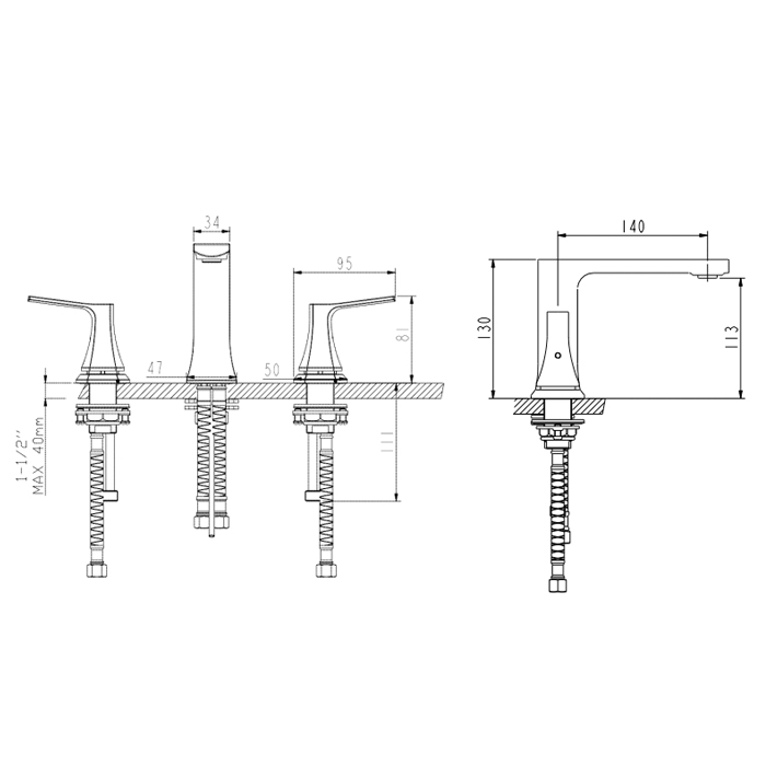 NEMO Prima Смеситель для раковины, 3 отв., с донным клапаном, цвет: gun metal