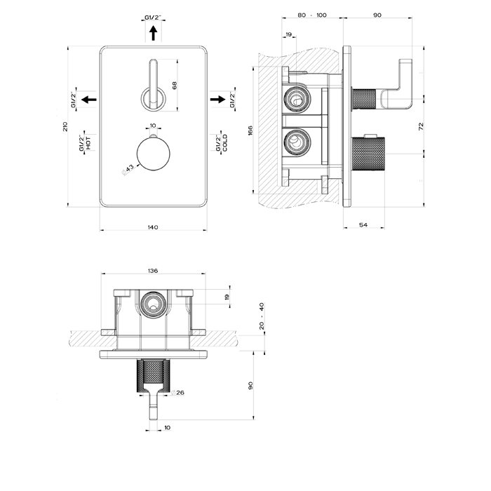 Gessi Inciso- Термостатический смеситель на 3 выхода, внешняя часть, Цвет: black XL