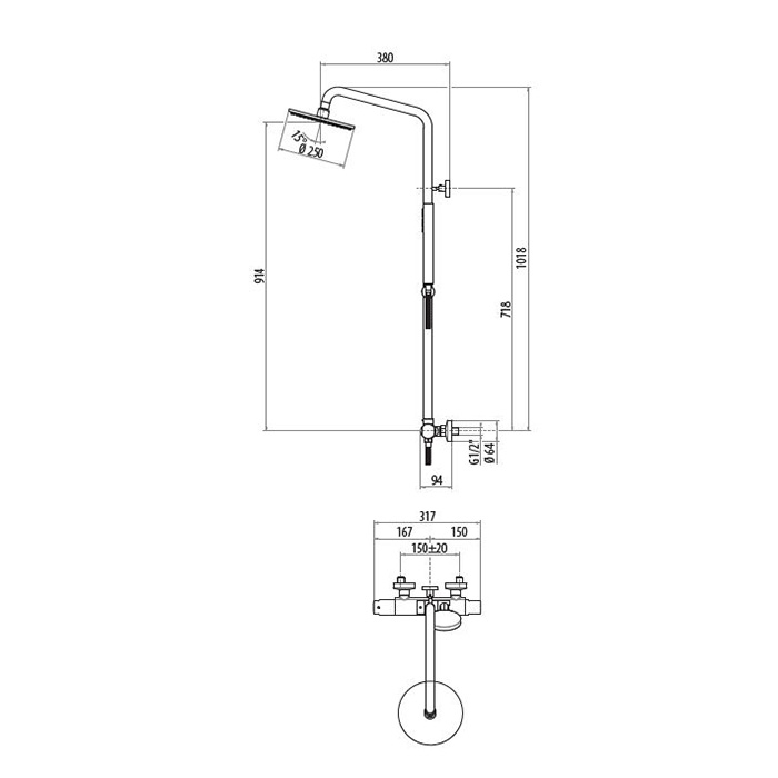 Gattoni Комплект для душа: термостатический смеситель, душевая стойка, душевая лейка 250мм, ручной душ, цвет: черный матовый