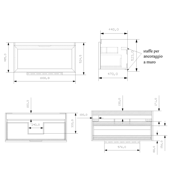 EBAN Paola Комплект мебели 101 см;  база подвесная с 1 выдвижным ящиком с раковиной Clever и зеркалом Filo, 100*47*48,5см, Цвет: BIANCO ASSOLUTO