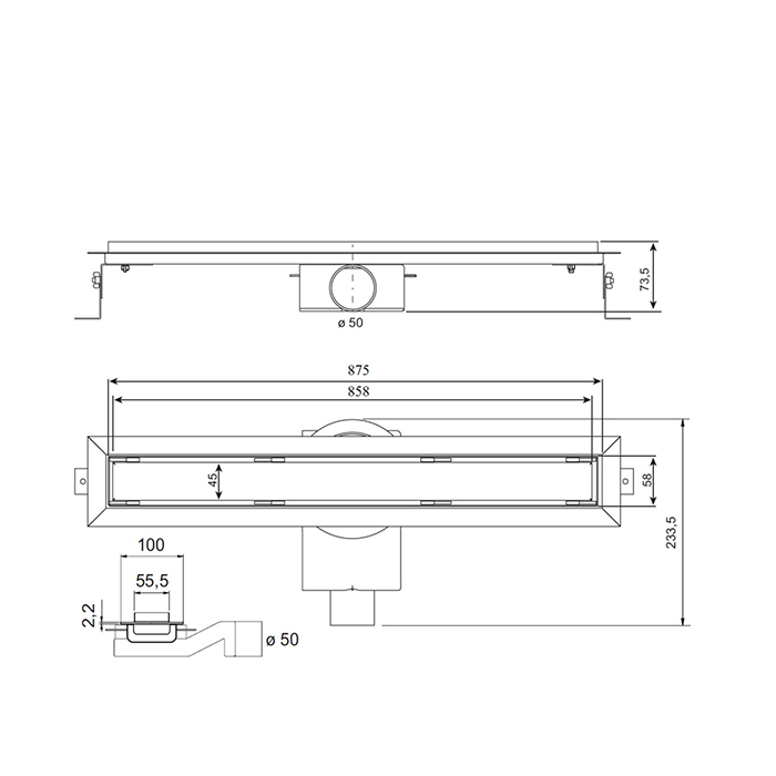 Plumberia Selection Трап душевой PS IN-TILE 6x90 2устор. накладка из нерж.стали, комбинир.затвор с горизонт. Выпуском Ду 50мм,40л/мин, цвет: черный матовый