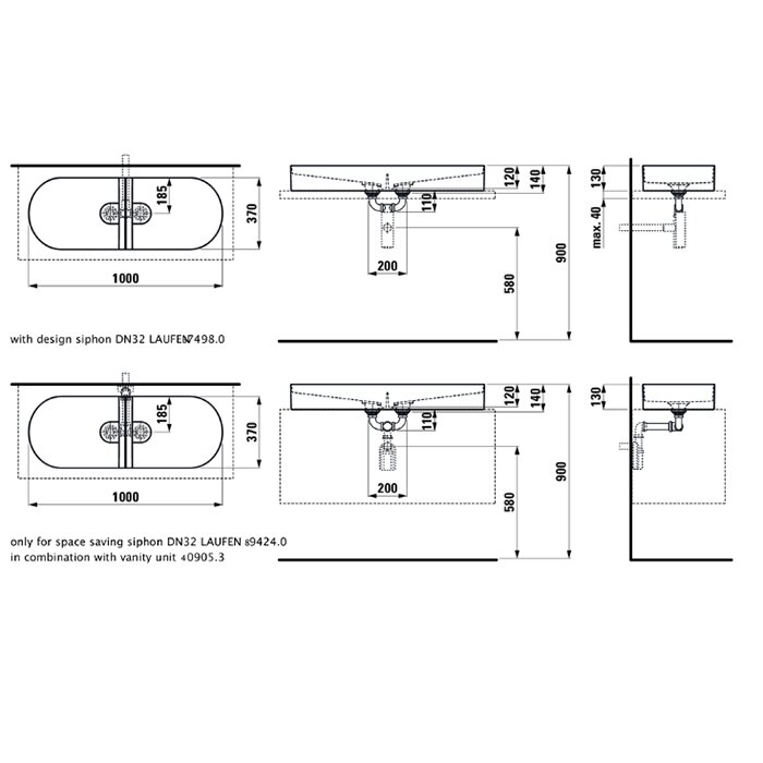 Laufen Sonar Раковина 100x37х13 см, без отв., двойная, без перелива, цвет: белый