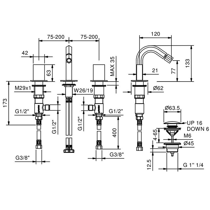 Fantini Venezia Смеситель для биде, 3 отв., излив: 120 мм, цвет: хром