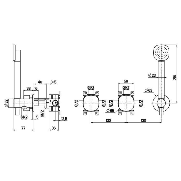 QuadroDesign Source Смеситель для душа, настенный, с ручным душем, цвет: Brushed Stainless Steel