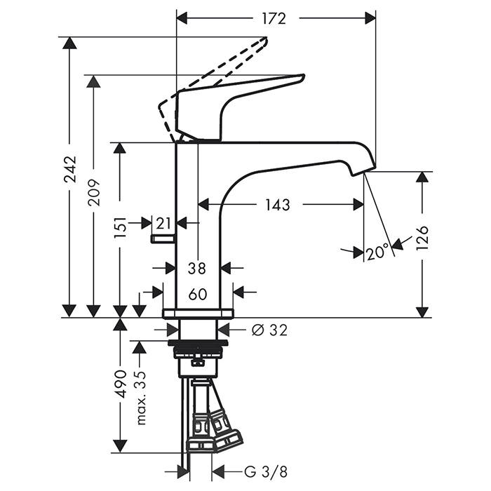 Axor Citterio E Смеситель для раковины 125, на 1 отв., с донным клапаном, цвет: сталь