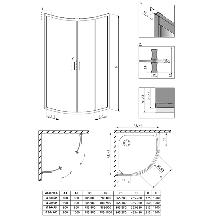 Radaway Alienta E Душевое ограждение 80x90см, стекло прозрачное, покрытие Easy Clean, профиль: хром