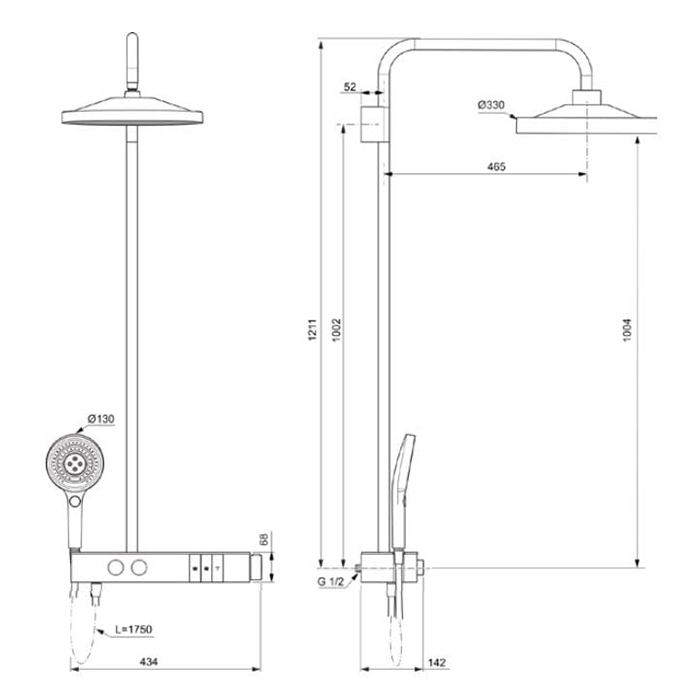 Ideal Standard Solos Душевая система, с термостатическим смесителем для душа, держатель для лейки, верхний душ 33см., ручная душевая лейка, шланг 175см., цвет: PVD Brushed Gold (Шлифованное Золото)