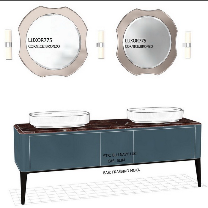 Antonio Lupi ILBagno Комплект мебели: тумба напольная с 2 раковинами 198x54см цвет: Blu navy lucido, мраморная столешница, 2 зеркала и 2 смесителя
