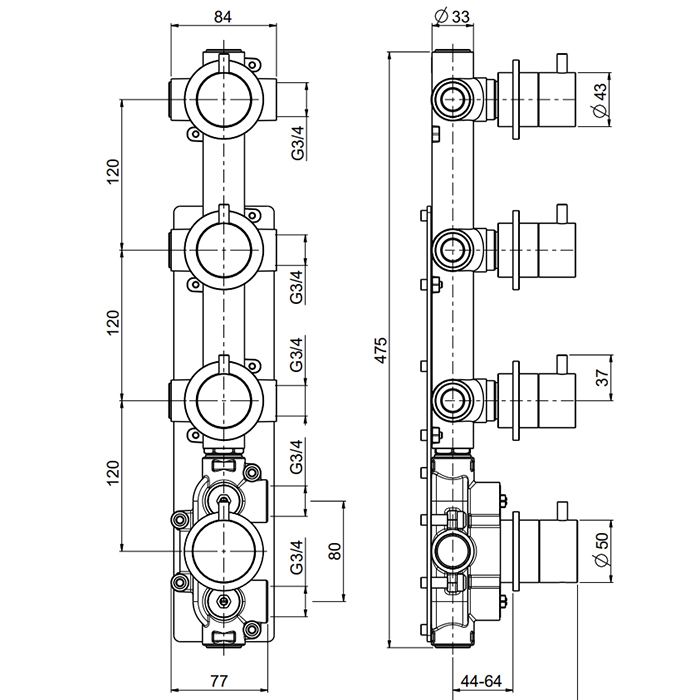 QuadroDesign Source Смеситель для душа, встраиваемый, термостатический, с 3-мя запорными вентилями, цвет: brushed stainless steel