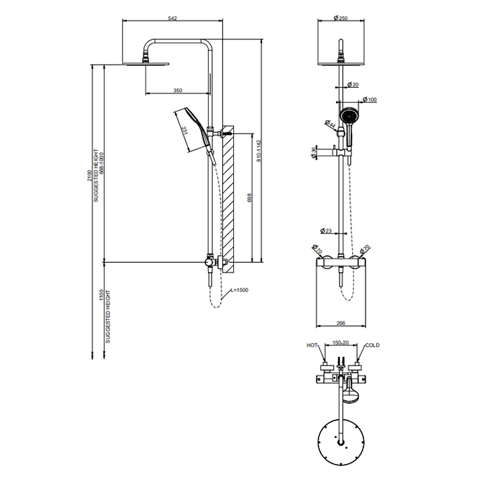 Gessi Minimalistic Душевая стойка, с верхним душем Ø25см., термостатическим смесителем, ручным душем и шлангом 150см, цвет: Gold PVD