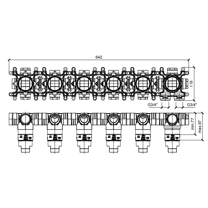 Almar Modular Встраиваемая часть термостатического смесителя на 5 потребителей, горизонтальный модуль, цвет: черный матовый