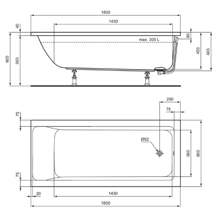 Ideal Standard Connect Air Ванна 180x80 см, встраиваемая, акрил, без панелей, перелива, без ножек, цвет: белый глянец