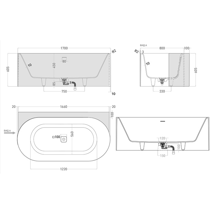 Salini Perla W Ванна пристенная 170x90см, материал S-Stone, цвет: белый матовый