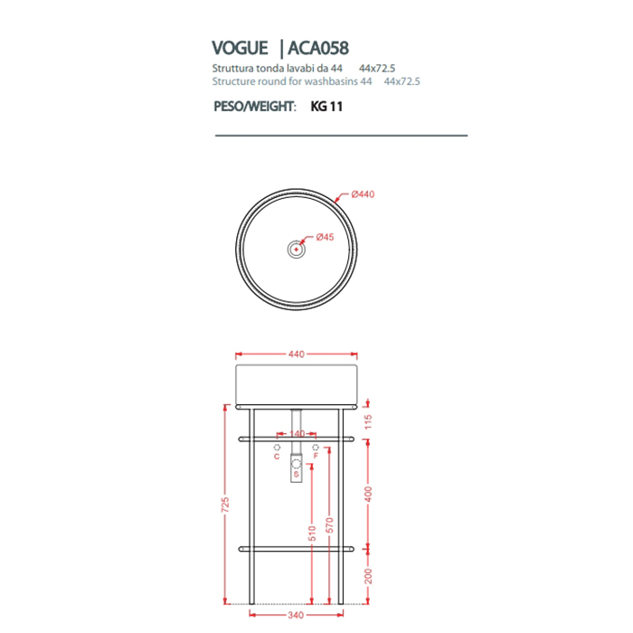 Artceram Vogue Металлическая структура Ø44хh72,5см, напольная, с раковиной, с мраморной столешницей и полочкой, цвет: moka/белый