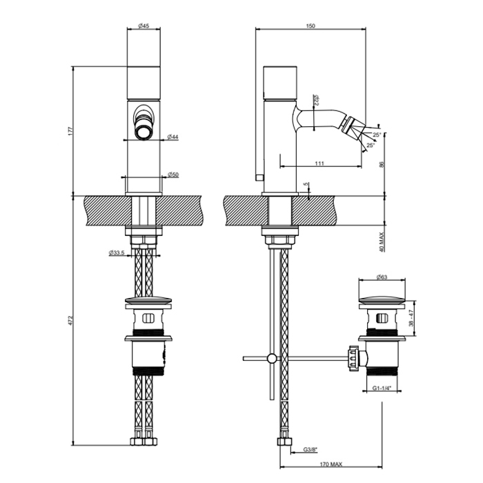 Gessi Habito Unito Смеситель для биде на 1 отв., с донным клапаном, цвет: хром